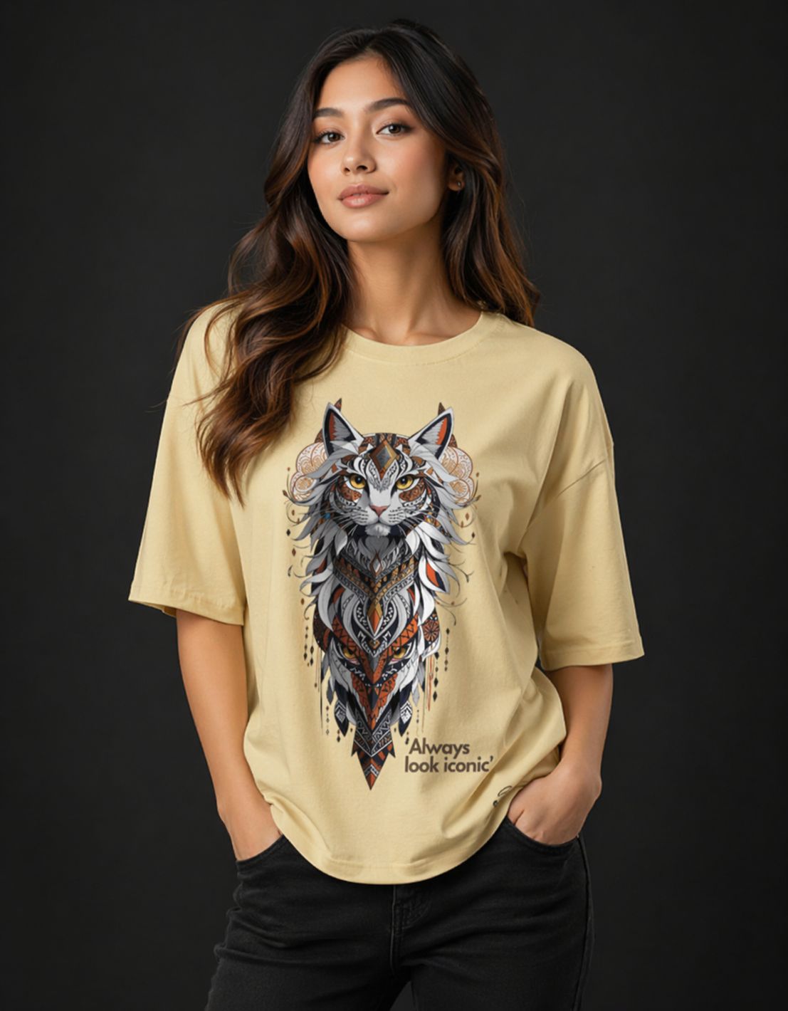 Iconic Wolf Graphic Oversized T-Shirt | Premium Aesthetic Streetwear Tee (Beige)